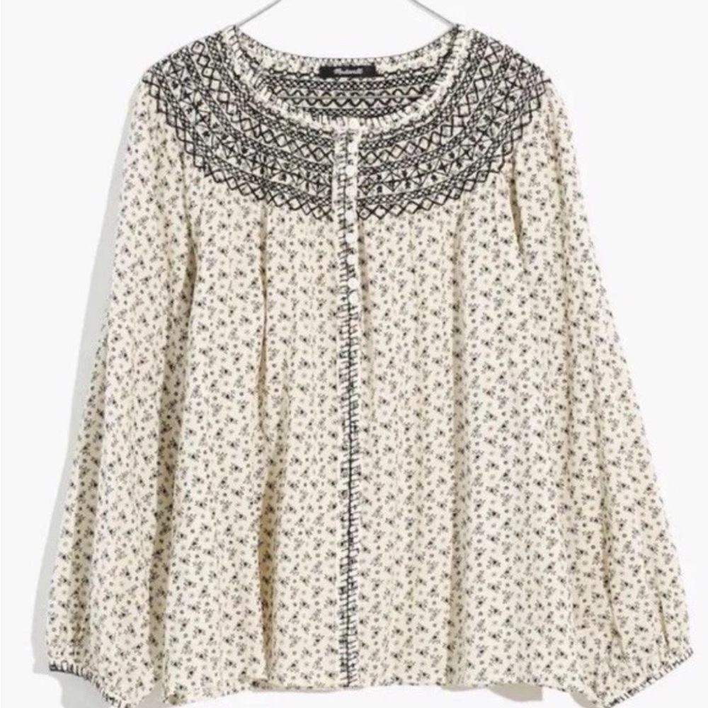 Madewell Cream and Black Embroidered Blouse